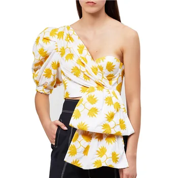 

2019 Women Fashion Sexy One Sleeve Plaid Pattern Bluoses Top Shirt Embroidery Backless One Shoulder Asymmetrical Crop Top