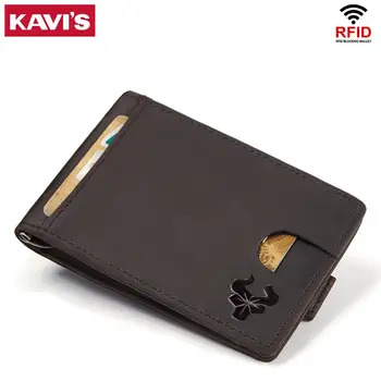 

KAVIS Slim Brand Men Genuine Leather Money Clip Bifold Male Purse Billfold Wallet Female Clamp for Money Card Case Holder
