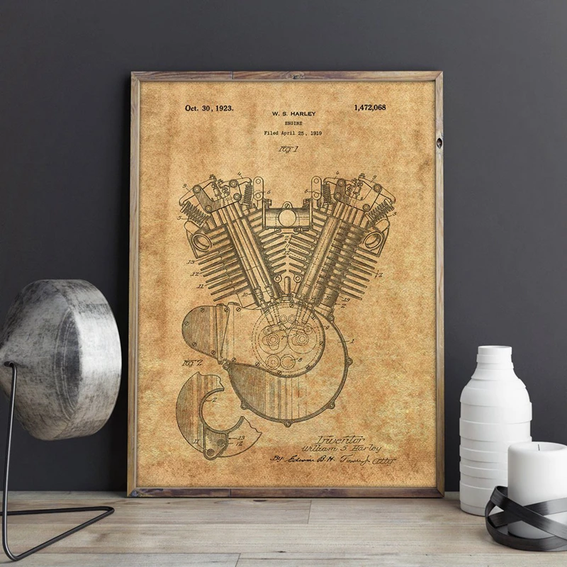 Двигатель мотоцикла 1919 патент Blueprint плакат печать наука стены искусства холст