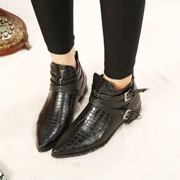 

Fashion Women Boots British Style Pointed Toe Women Shoes Ankle Boots Thick Heel Boots Serpentine Pattern Buckle Shoes Women
