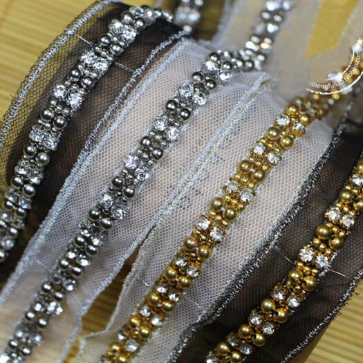 

2yards New Gold Silver Beading Rhinestones Lace Trim Mesh Fabric Handmade Beaded DIY Collar Wedding Dress Decoration Accessories
