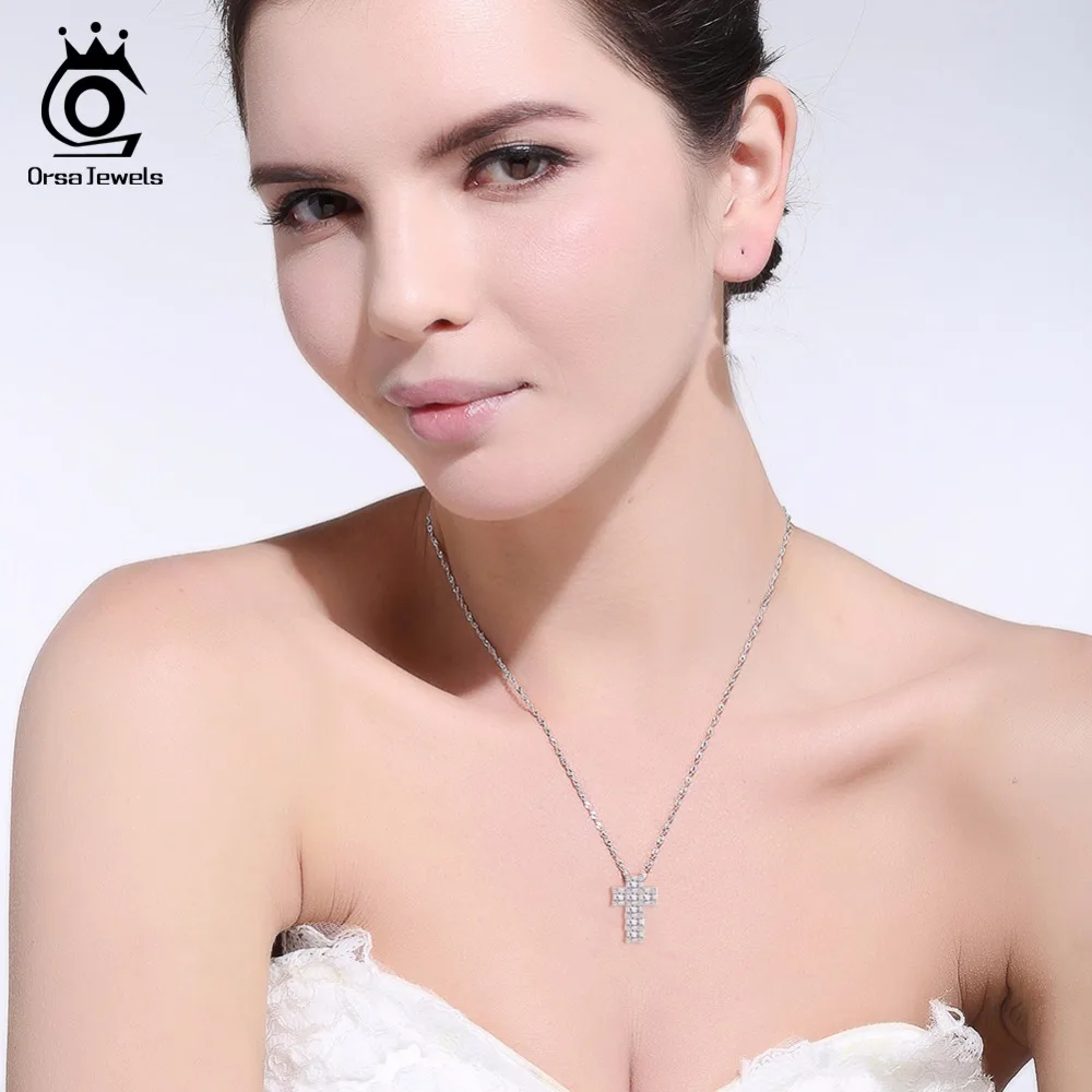 ORSA JEWELS Настоящее Стерлинговое серебро кулон и ожерелье для женщин AAA CZ зубец Установка крестообразной формы мужской тонкой 925 ювелирное изделие SN65