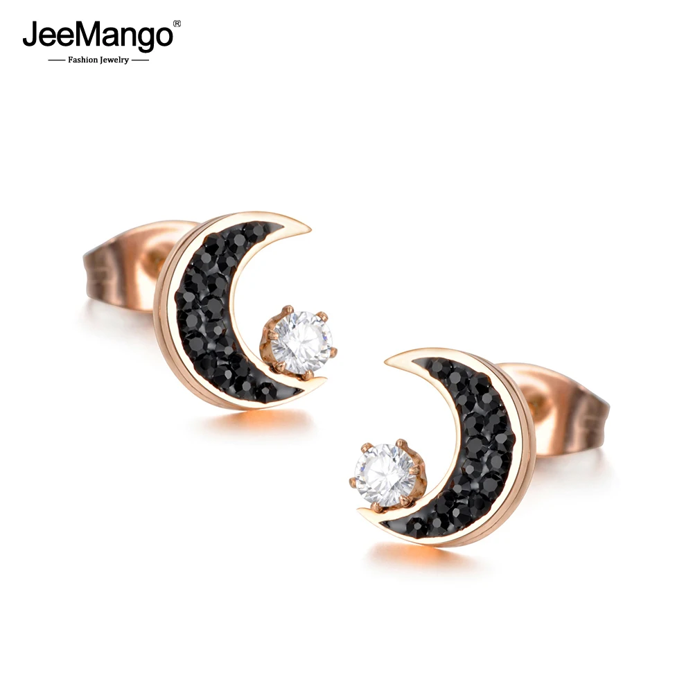 

JeeMango Classic Titanium Steel Rhinestone Moon Earrings Jewelry Rose Gold Color Cubic Zirconia Stud Earring For Women JE18011