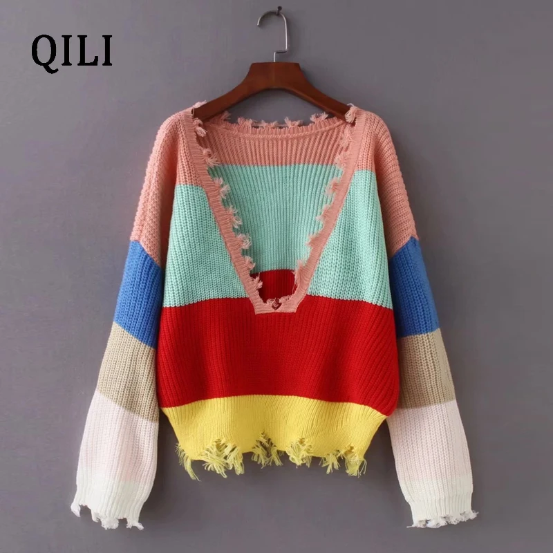 QILI New Multicolor Stripes Sweater Women Low Chest Deep V-neck Irregular Front And Rear Wear Fashion Lash Pullovers Sweater Top
