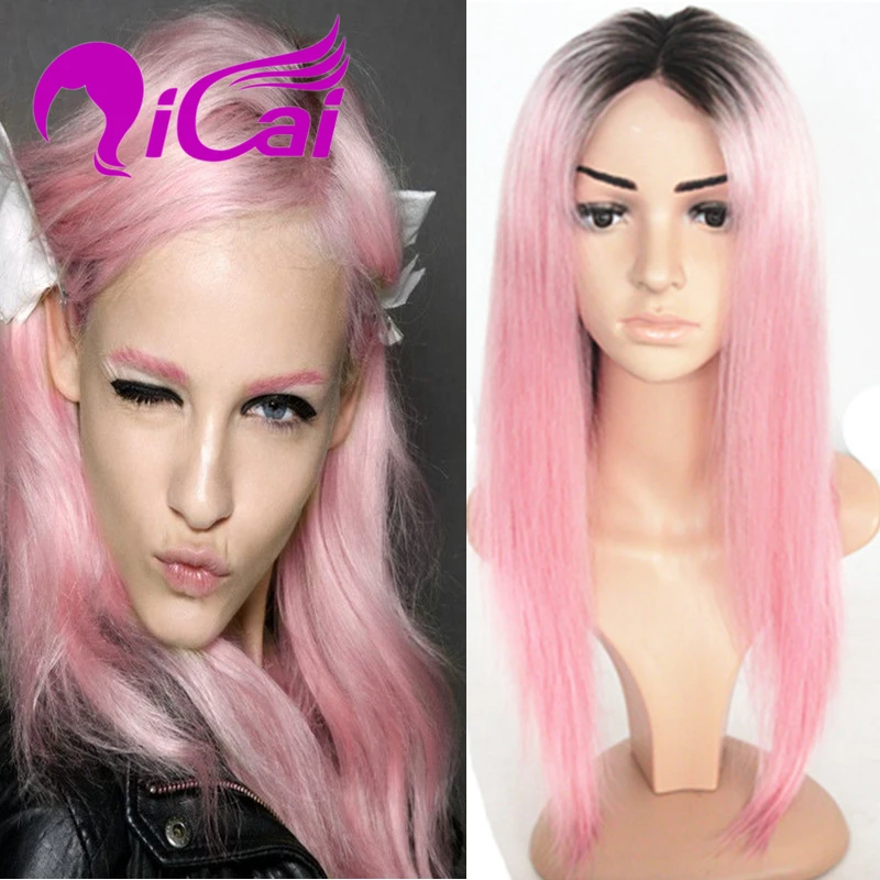 

130% Density Cheap Pink Lace Front Wig Brazilian Virgin Human Hair Wig Straight Baby Hair Bob Ombre 2 Tone 1B Pink Full Lace Wig