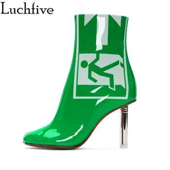 

2018 New Classic Lighter Inspired 10 cm High Heels short boots green genuine leather painting letter Ankle Boots for Women