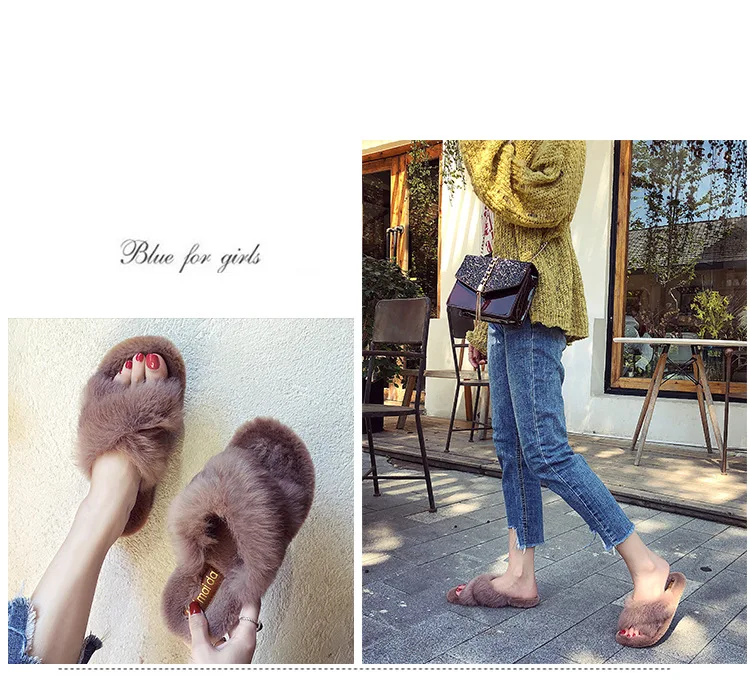 Women Fur Slides Winter Fluffy Furry Slippers Warm House Shoes Slippers Mules Lady Flat Shoes Home Indoor Shoes Zapatos De Mujer