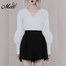 Max Spri 2019 New Women 2 Piece Sets White V Neck Long Lantern Sleeves Drapped Top With Black Shorts Office Lady Stylish Sets black plung v neck lantern long sleeves plain blouse
