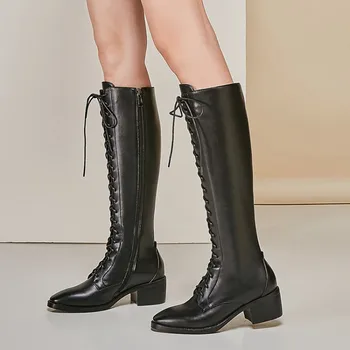 

MLJUESE 2020 women knee-high boots cow leather winter black color lace up Rome style short plush high boots women boots size 43
