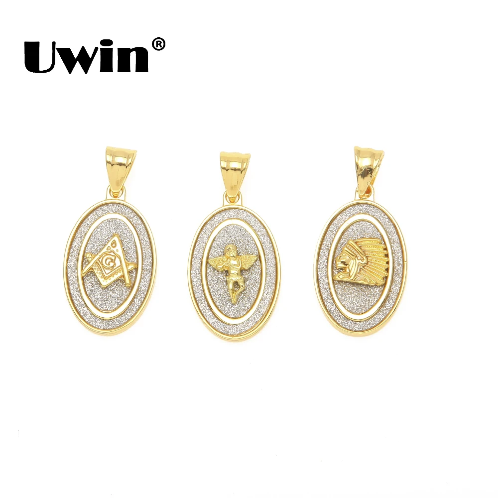 

Uwin 3 Styles Sand Blast Oval Masonic Freemason,Angel,Indian Chief Pendants Necklaces With 24inch Cuban Chain Hiphop Jewelry