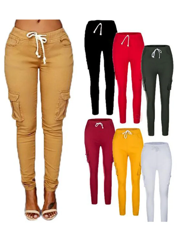 

2019 women full length trousers mujer sporting elastic waist black white casual combat 4xl plus size pants with Multiple pockets