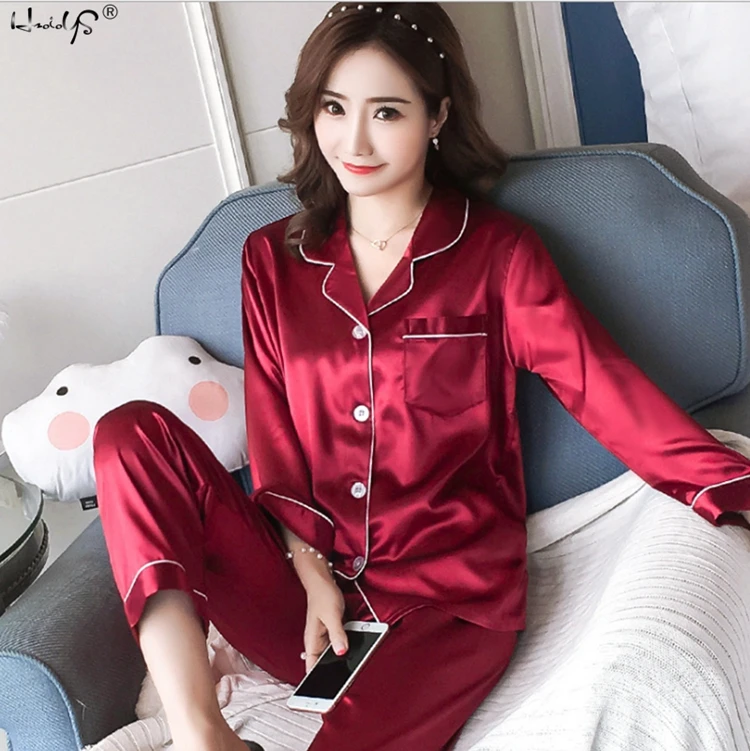 Womens Silk Satin Pajamas Pyjamas Set Long Sleeve Sleepwear Pijama Pajamas  Suit Female Sleep Two Piece Set Loungewear Plus Size - AliExpress