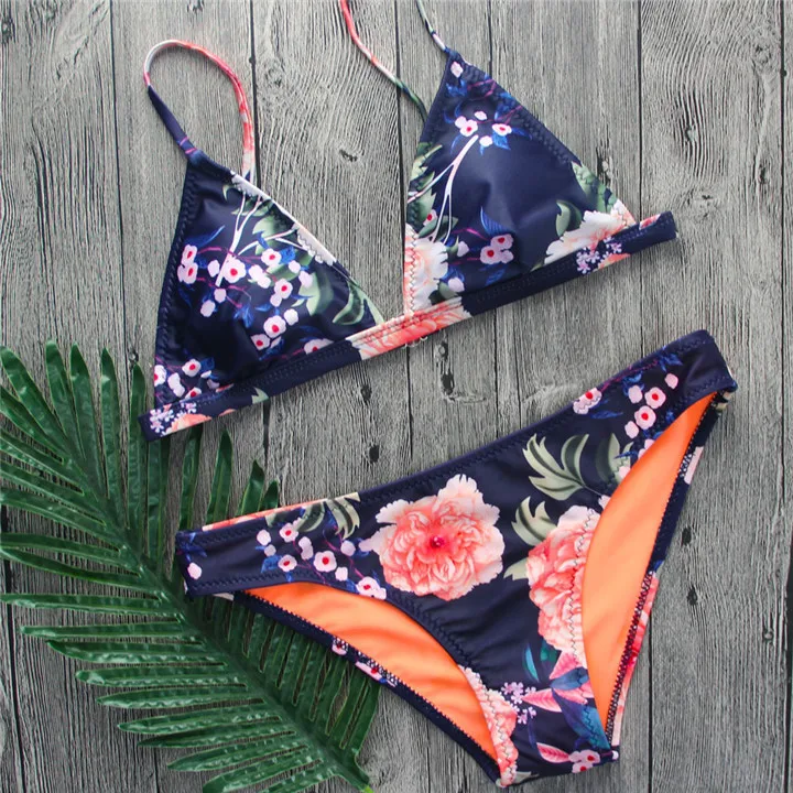 

Sexy Deep V Women Push-up Padded Bra Bikini Set Blue Floral Print Strap Lacing Up Brazilian Swimwear Swimsuit Summer Beachwear
