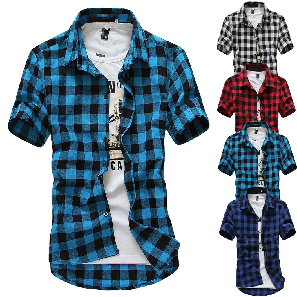 Mens Button Shirt Short Sleeve Lattice Plaid Painting Large Size Casual Top Blouse Shirts camisa manga curta 2019