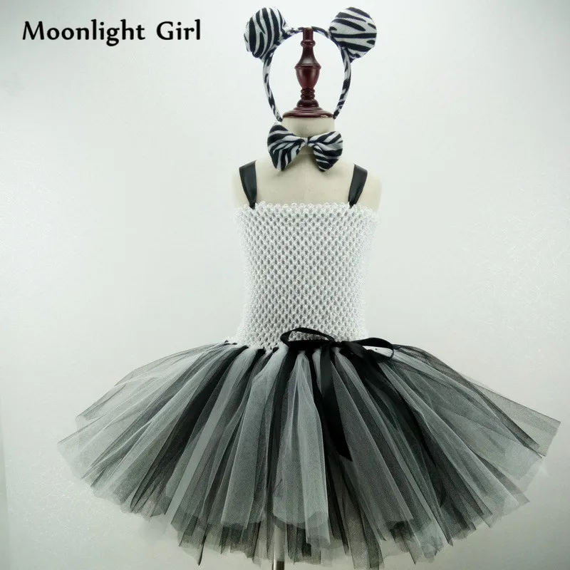 

Striped Animal Zebra Costumes Baby Girls Tutu Dress Headband Bow Tail Set Cosplay Halloween Costume For Kids Party Dresses MK018