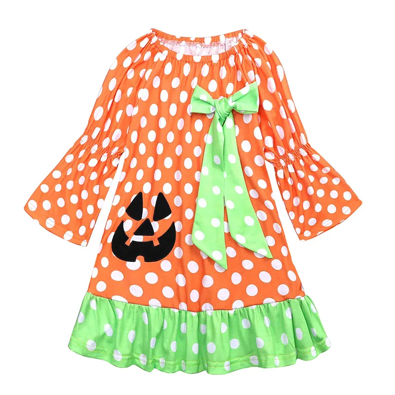 

2019 Kids Halloween Costume Pumpkin Print Girls Dress Flare Sleeve Baby Girl Christmas Dresses