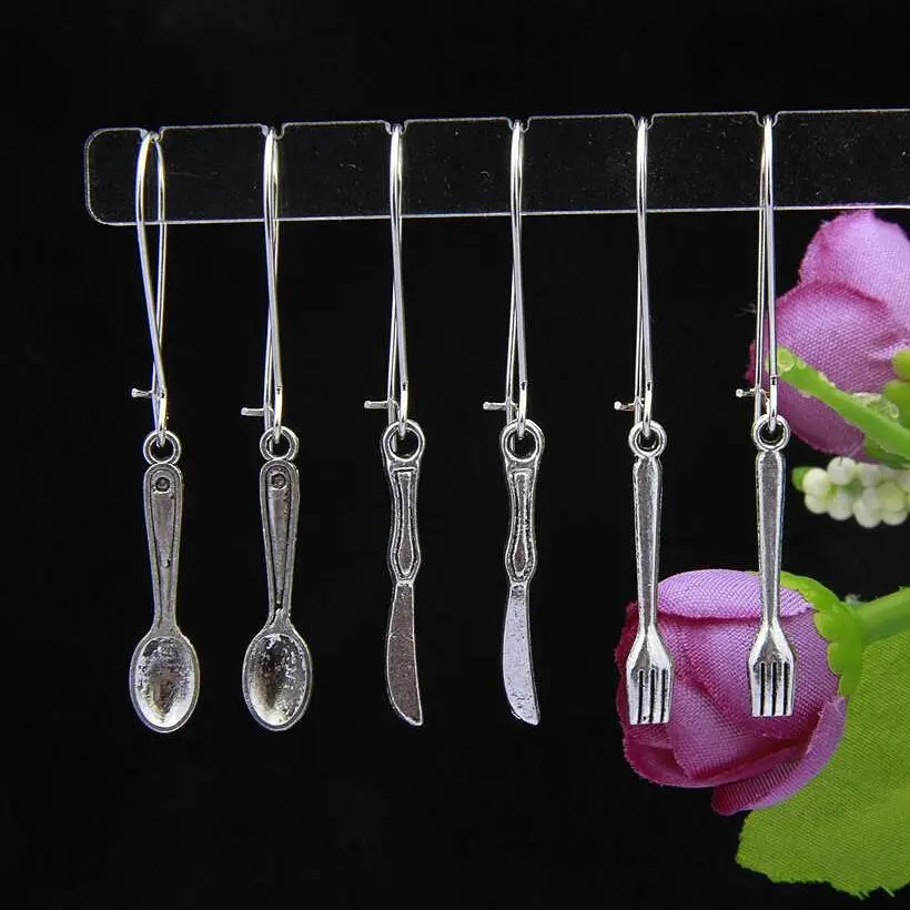 

Fashion Jewelry 50 Pair Retro Silver Lovely Knife&Fork&Spoon Charm Pendant Drape Earring Hoop DIY For Women Top Quality F866