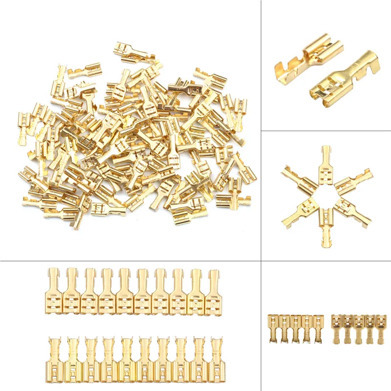 100 шт 4,8 мм/6,3 мм провода соединители золотой Латунный автомобильный динамик набор женский Электрический обжимной клеммный соединитель электрическое оборудование