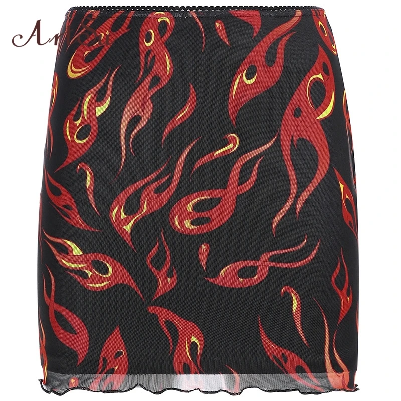 

ArtSu Flame Printed Sexy Mesh Skirt Tulle Black High Waist Skirts Womens Bodycon Pencil Skirt Ladies Streetwear Summer ASSK20239