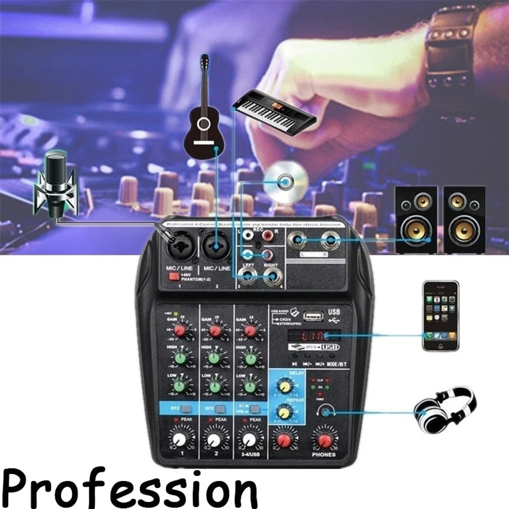 TU04 BT Sound Mixing Console Record 48V Phantom Power Monitor AUX Paths Plus Effects 4 Channels Audio Mixer with USB