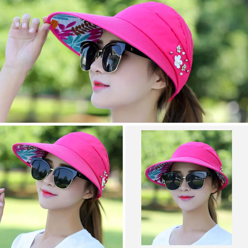 Summer Hats For Women Foldable Sun Hat Pearl Flower Visor Suncreen Floppy Cap Female Outdoor Casual Baseball Cap