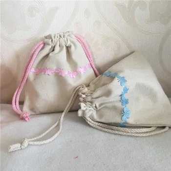

YILE Cotton Canvas Drawstring Multi-purpose Organizer Pouch Party gift Bag Blue Pink Butterfly Trim 8410C