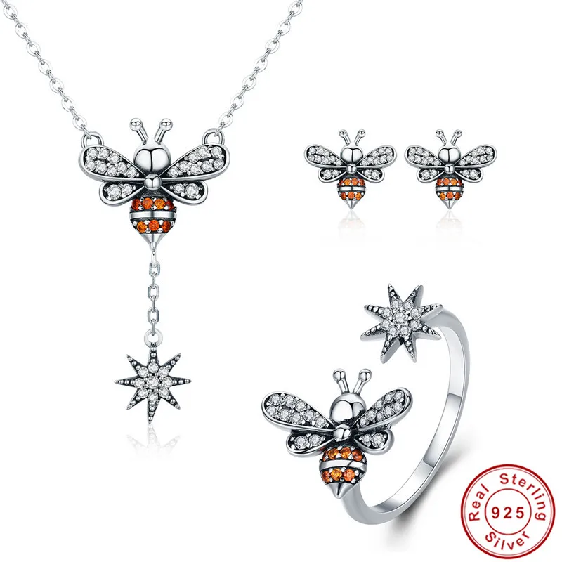 

INBEAUT New Trendy 925 Sterling Silver Brown&White CZ Honeybee Snowflake Pendant Necklace Earrings Rings for Women Wedding Gift