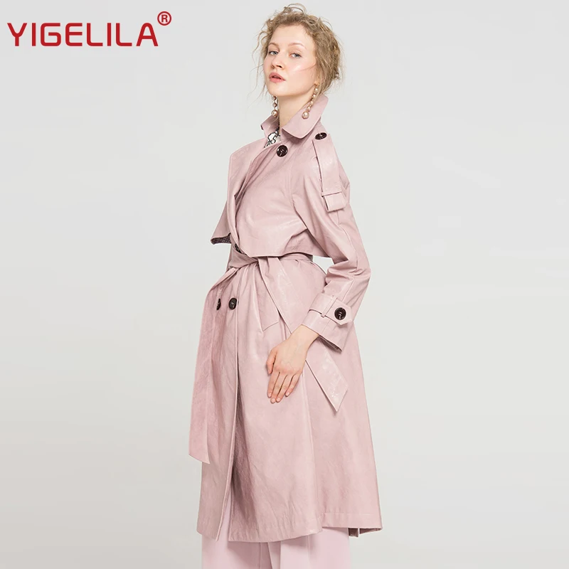 Женский розовый Тренч YIGELILA длинный двубортный из искусственной кожи с отложным