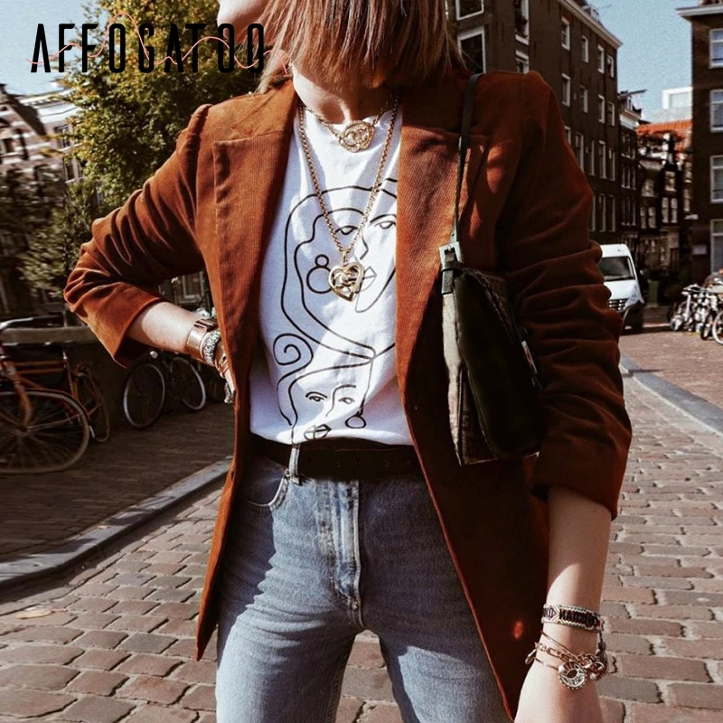 Affogatoo Vintage winter corduroy women short blazer 2018