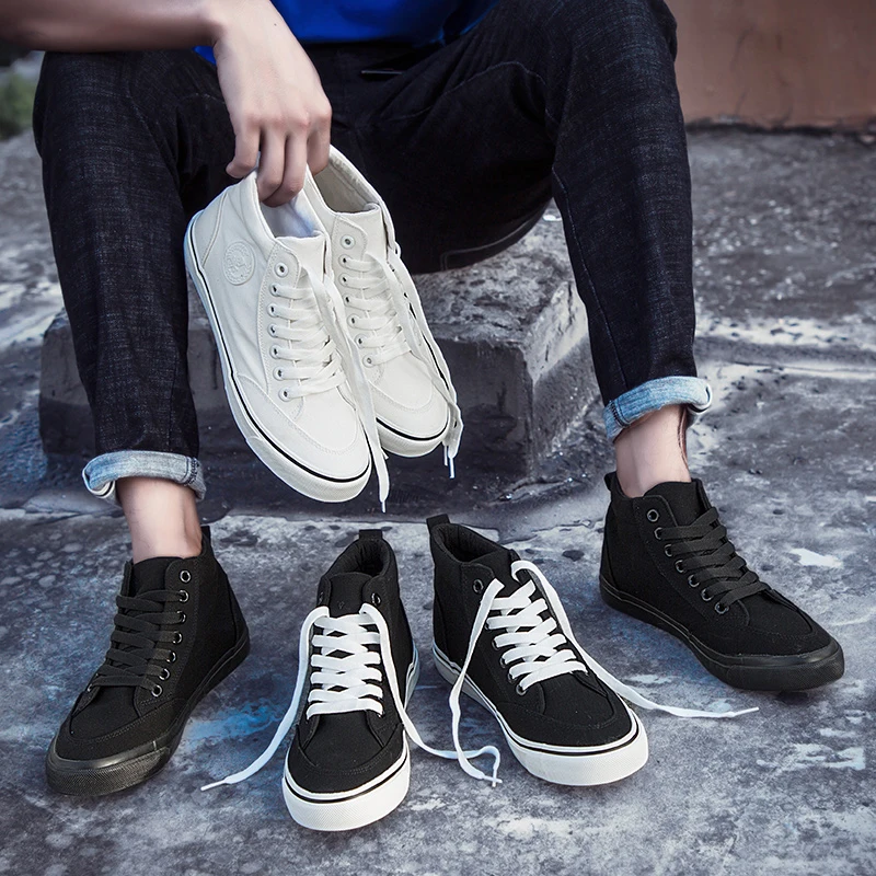 COOLVFATBO Trend Men's Vulcanized Shoes Black High Top Lace-up Autumn Winter Casual Canvas Shoes For Men Boys Sneakers Without COOLVFATBO Trend Men's Vulcanized Shoes Black High Top Lace-up Autumn Winter Casual Canvas Shoes For Men Boys Sneakers Without