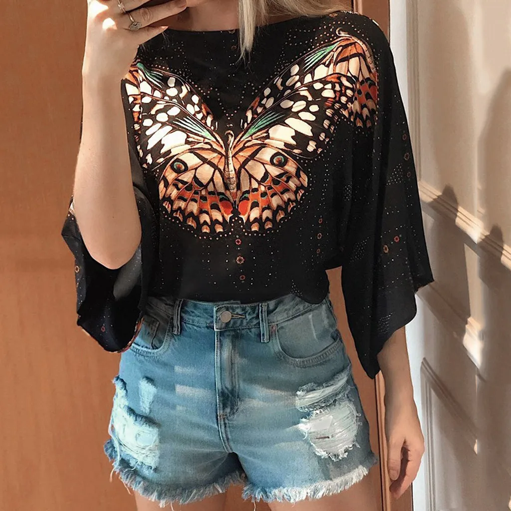 

Women's Casual O Neck Half Sleeve Butterfly Printed Shirt Tops Blouse