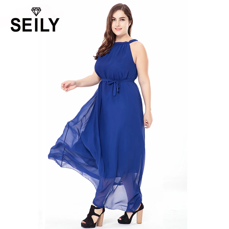 

Seily 2018 Summer Women Boho Beach Sleeveless Halter Neck Long Chiffon Maxi Dress Plus Size Casual Loose Tie Belt Dresses Robe