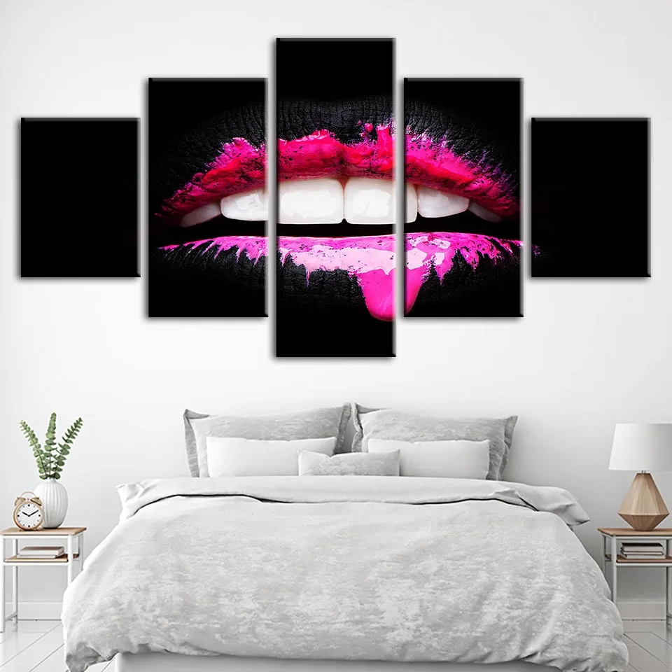 

Prints Painting Wall Artwork Canvas Poster Home Decoration Pink Lips Modular Pictures Tooth Modern For Kids Bedside Background
