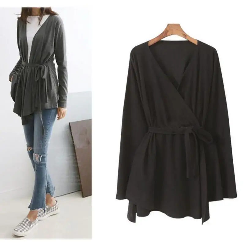 Женский трикотажный кардиган с асимметричным подолом и поясом|long sleeve kimono|blouses