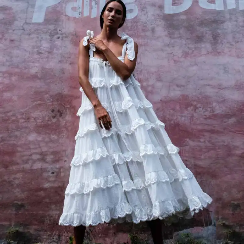 

BOHO INSPIRED Women's Blue Scalloped Cotton Dress embroidered tiers straps summer dress swing boho dress casual holiday dress