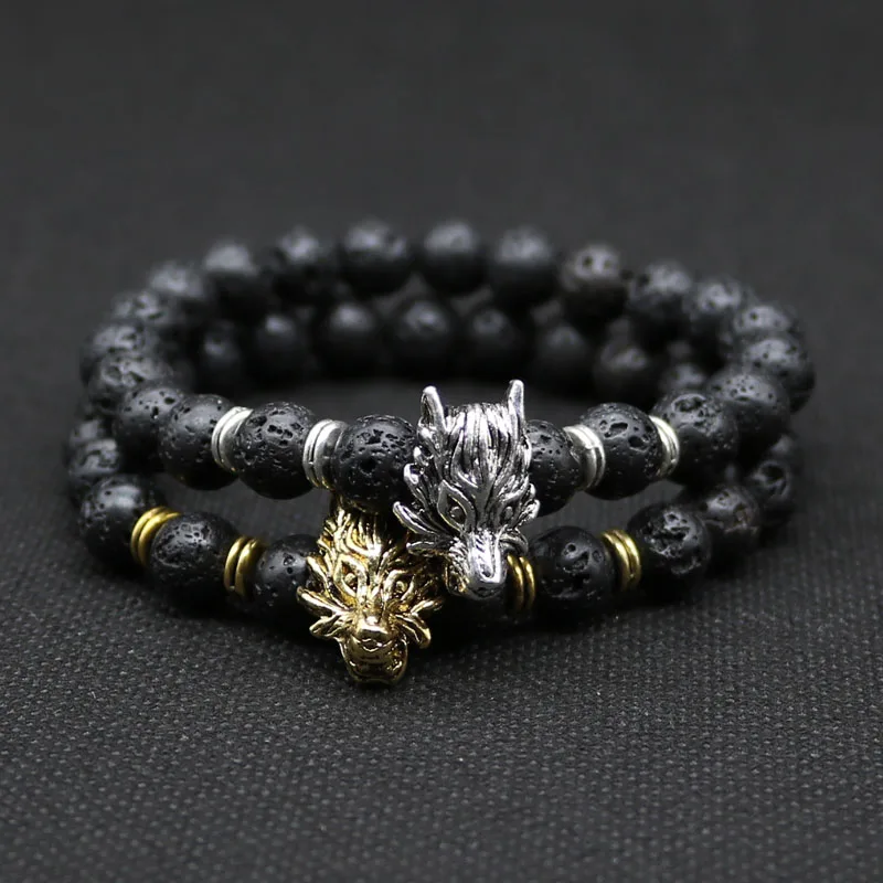 8mm Silver Plated Animal Wolf Head Bracelet With Natural Black Lava Rock Stone Energy Men Beaded Bracelets For Women A-5