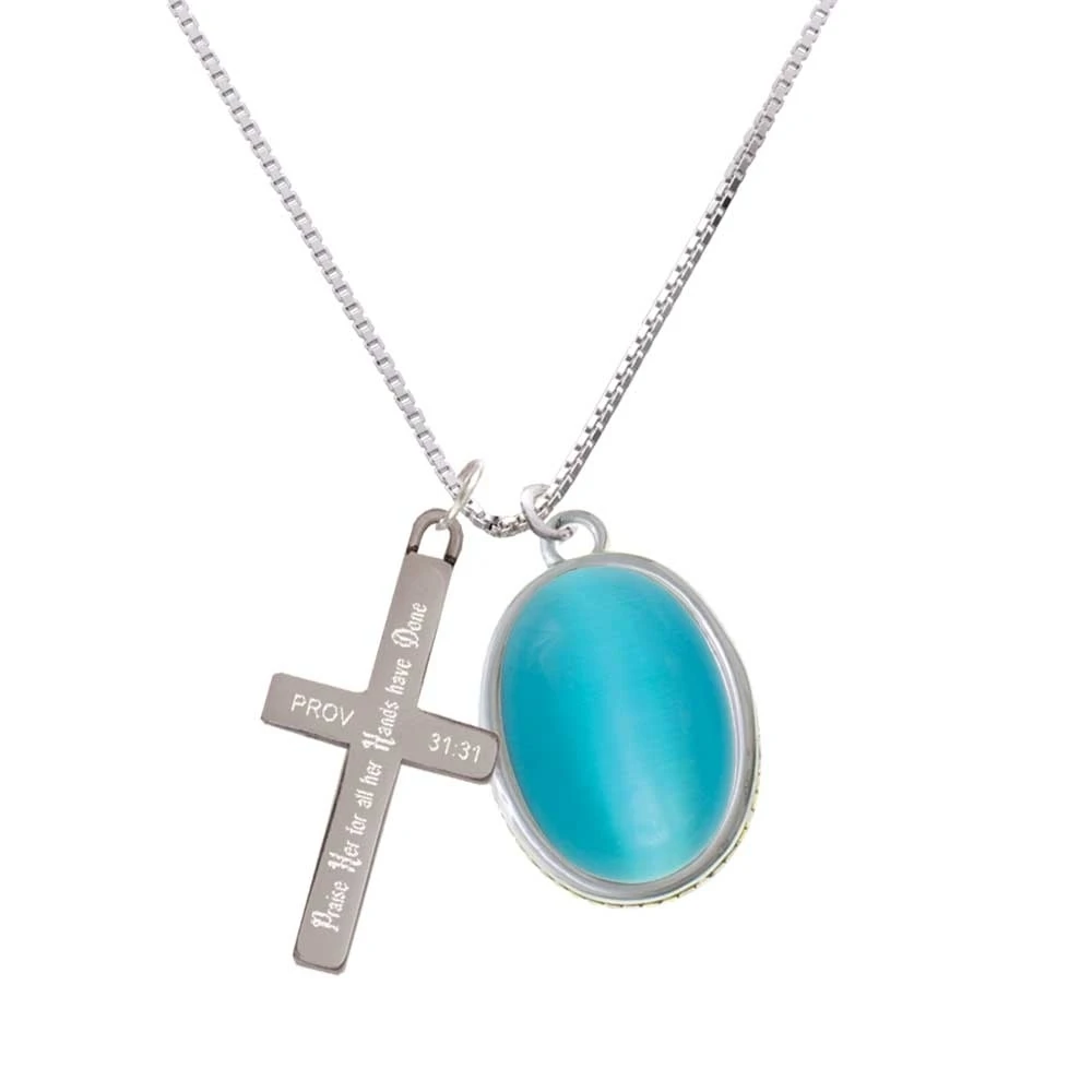 Oval - Imitation Cat's Eye - Dark Teal - - Praise Her - Cross Necklace