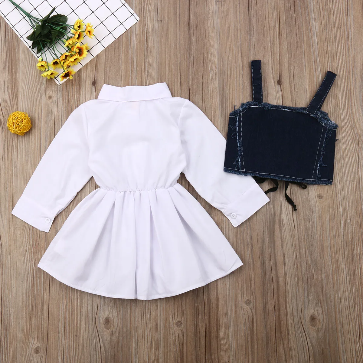 1-6Y Fashion Toddler Kids Baby Girl Dress+Vest Long Sleeve Sling White A-Line Dress Denim Vest Summer Clothes Set