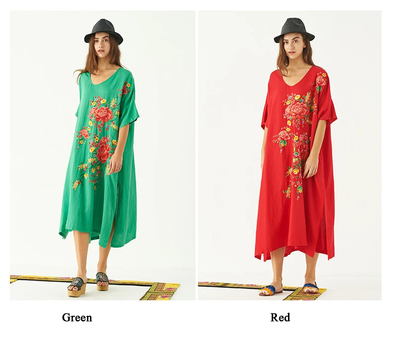 Jiqiuguer женские платья с цветочной вышивкой, винтажные платья размера плюс с v-образным вырезом, Свободные Длинные повседневные летние женские платья G181Y002