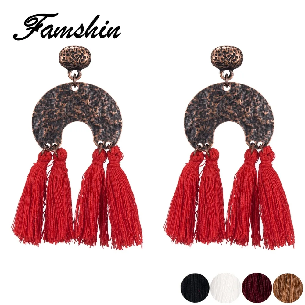 FAMSHIN Bohemian Handmade Tassel Earrings for Women Vintage Round Long Drop Wedding Party Bridal Fringed Jewelry Gift | Украшения и