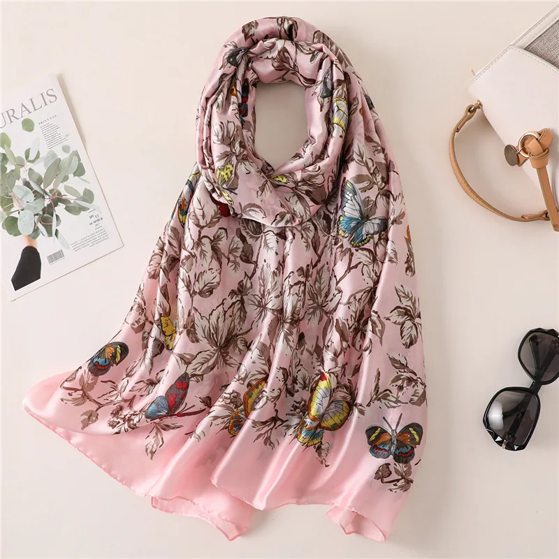 

2019 New Fashion Silk Women Scarf Floral Butterfly Shawls & Wraps Hijabs Head Scarf Smooth Female Pink Foulard Echarpe Pashmina