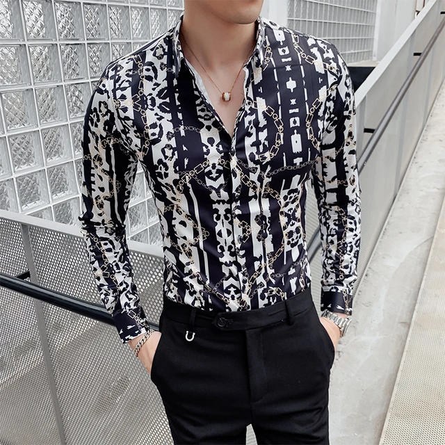 Chain New Pattern Printing Shirt Baroque Slim Fit Party Club Shirt Men  Camisa Homem Male Long