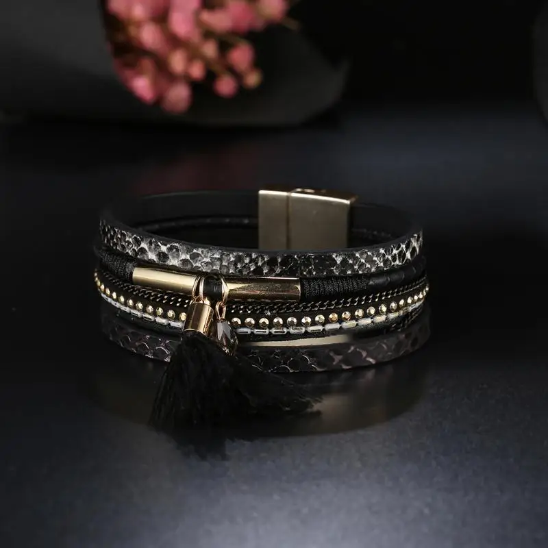 Europe Fashion crystal Multilayer Wrap Alloy PU Leather Bracelets & Bangles High quality Tassel Magnetic Buckle Pulseras gift