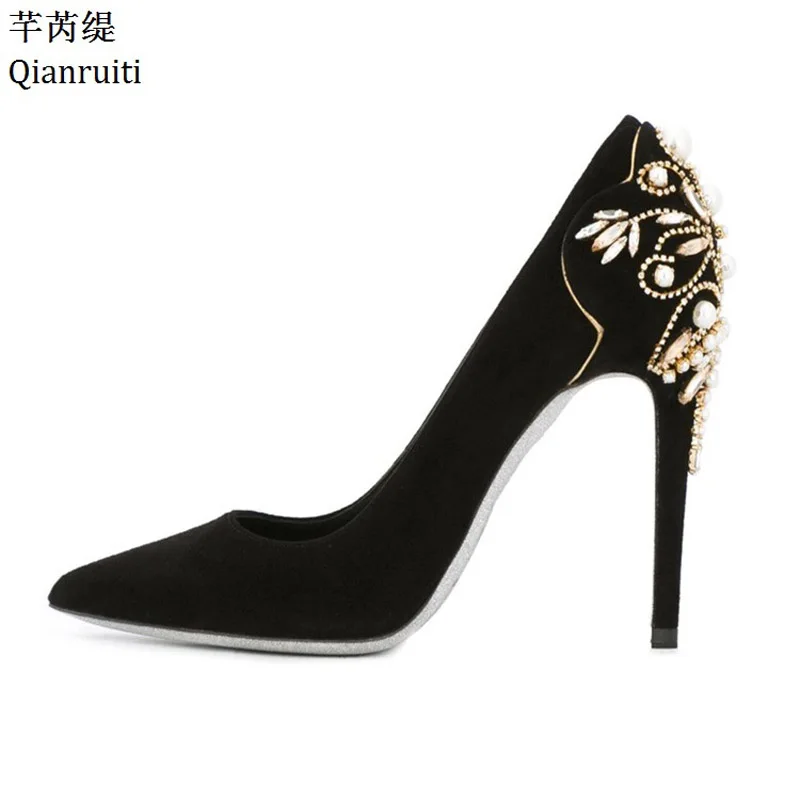 Qianruiti черный из искусственной замши женские туфли на высоком каблуке шикарные с заклепками Свадебная обувь для невесты со стразами
