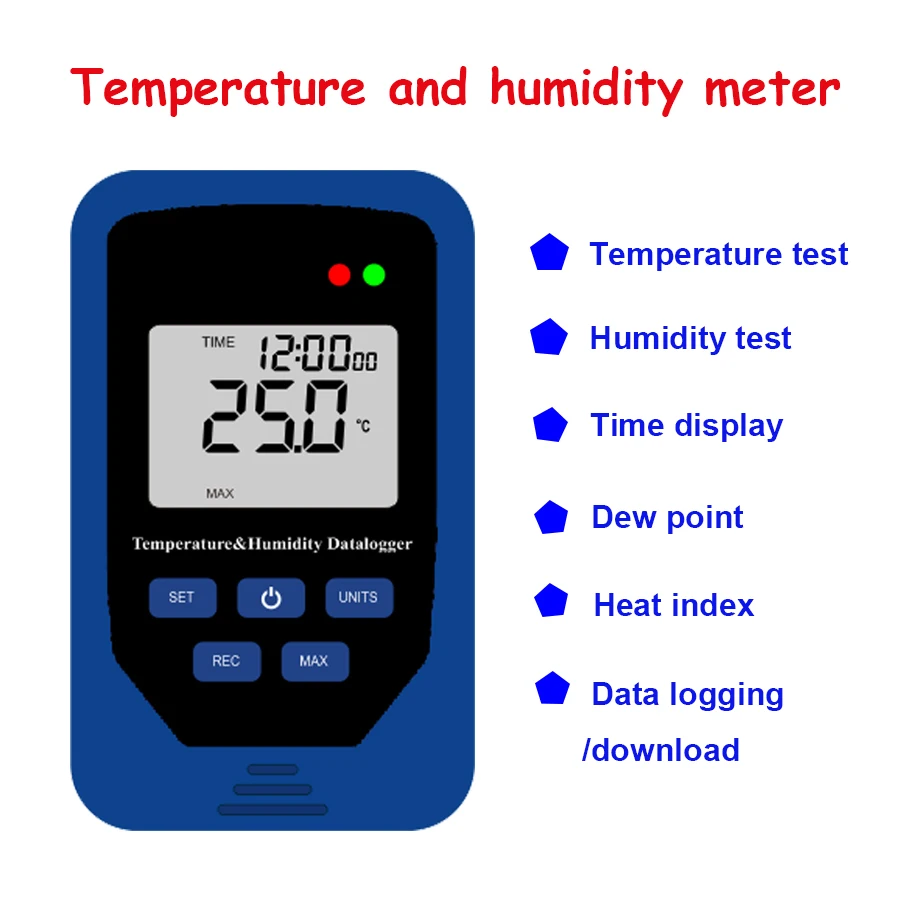 

Digital Weather Station temperature humidity meter thermometer hygrometer Time display Data logging heat index -10 to 50C