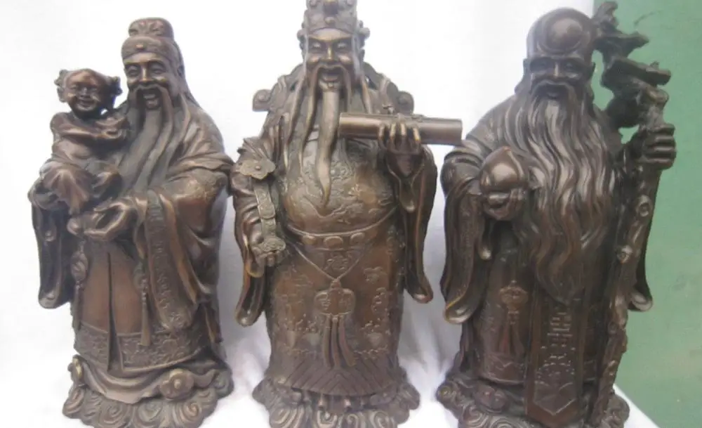 

15" Chinese Bronze Blessing Fu Lu Shou 3 Mammon immortal God Dragon Set Statue