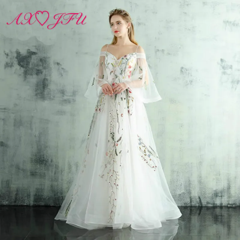 

AXJFU flower white lace princess evening Dress Spaghetti strap sweetheart lace evening dress embroidery white evening dress