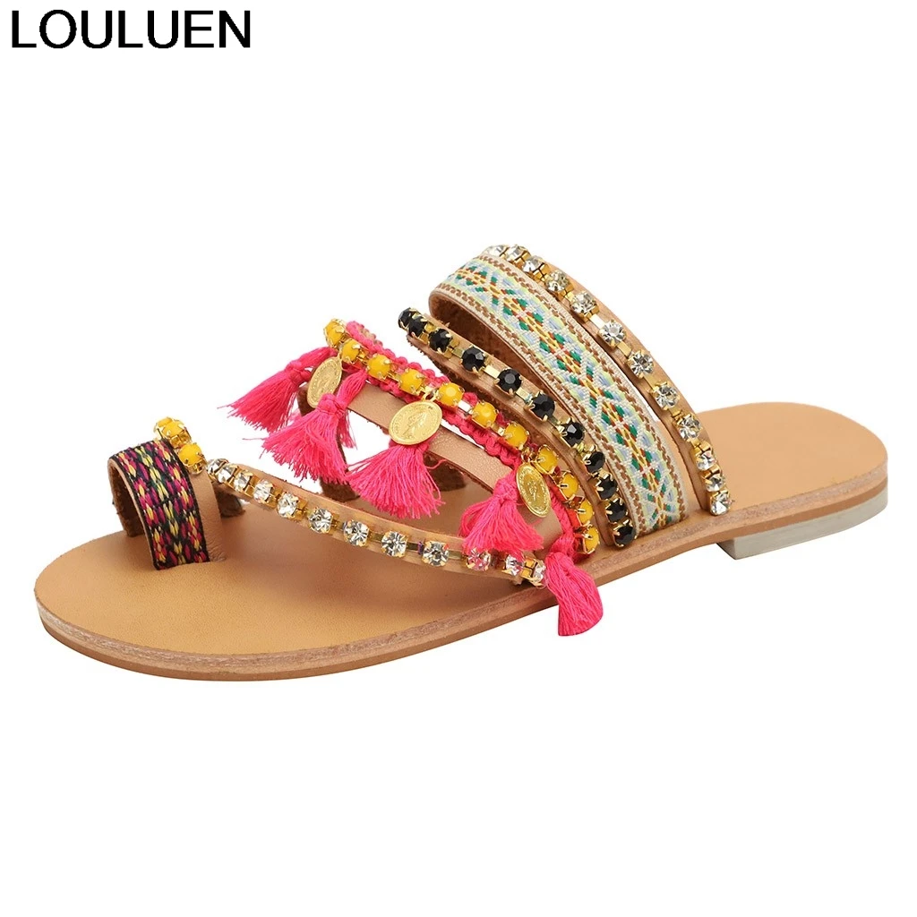 

LOULUEN Shoes Women's Bohemian Ethnic Style Flat Summer Trend Rhinestone Sandals Ladies Beach Slippers sapatos feminino 1.MAR.14