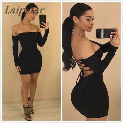 

Back Lace Up Hollow Out Dress New Women 2018 Autumn Winter Womens New Sexy Off Shoulder Bodycon Dresses Party Night Club Vestid