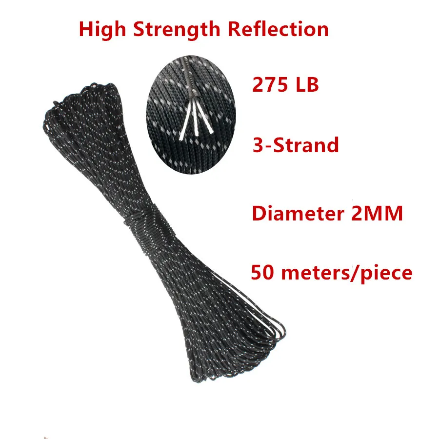 CAMPINGSKY Paracord 2mm Reflective Rope 3 Strand Core Outdoor Camping Cord Parachute Cord Lanyard Tent Multifunction